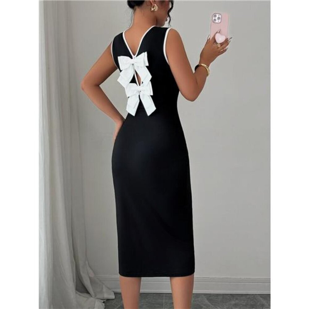 Contrast Bow Back Sleeveless Midi Dress